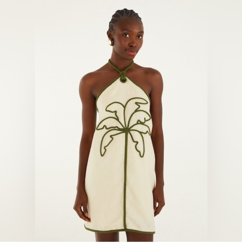 Farm Rio Sand Coconut Embroidery Halter Neck Mini Dress